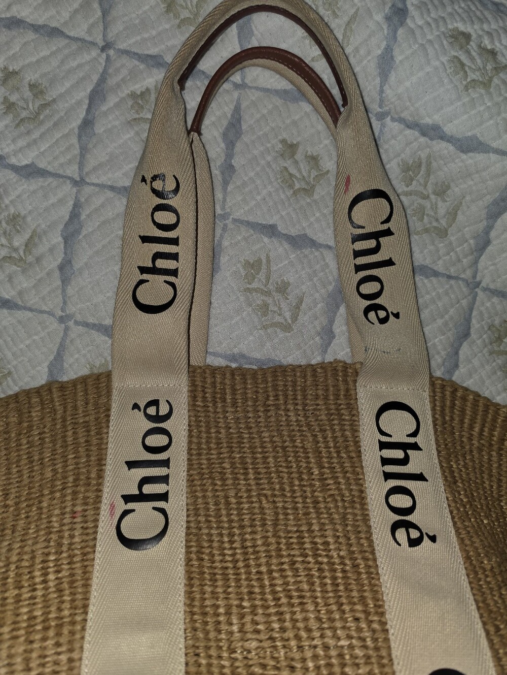 Chloé Tan Straw Tote with Cream Branded Webbing Straps - Picture 7 of 8